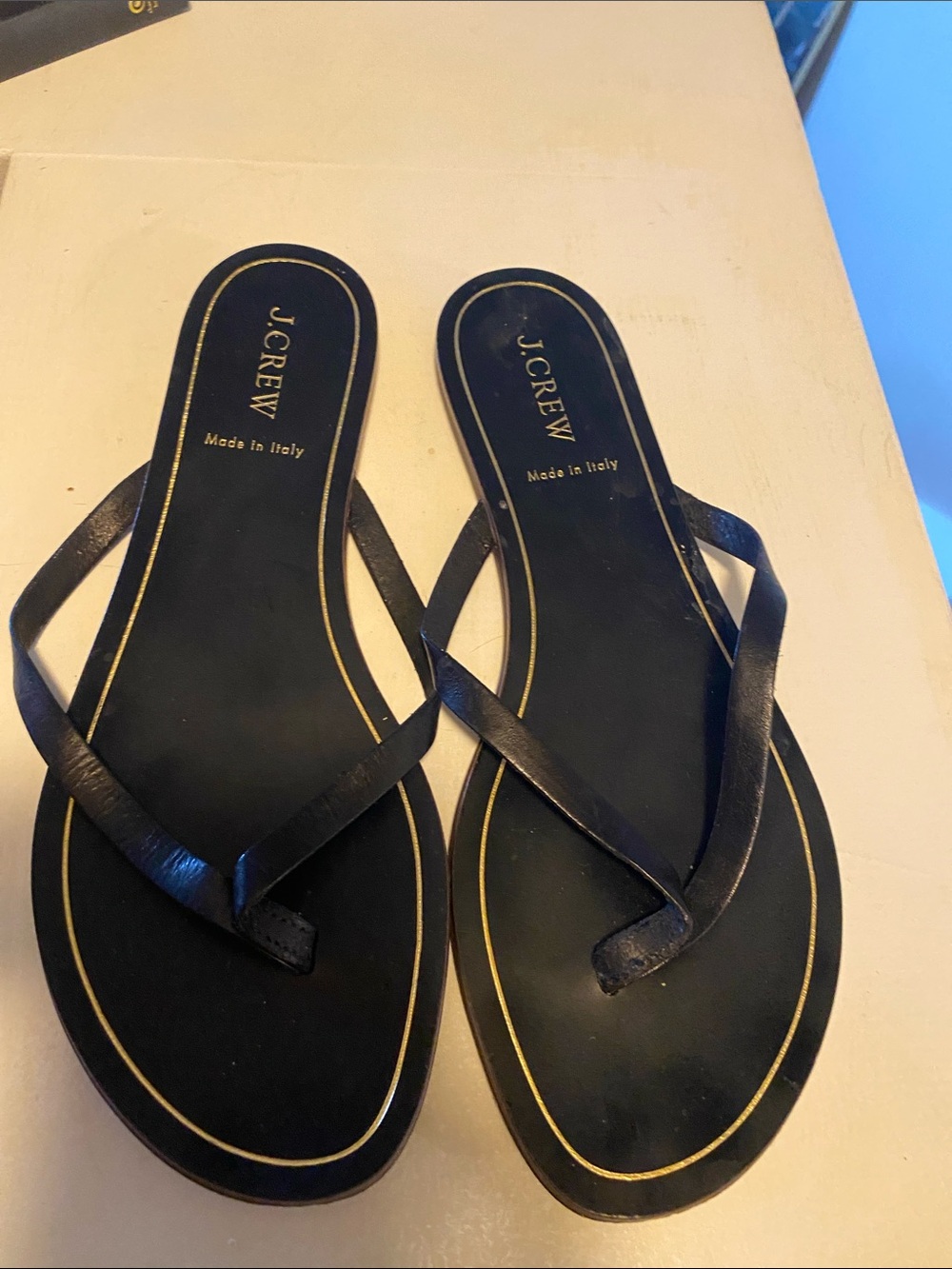 J. Crew Black Leather Slim-strap Flip Flop Sandals